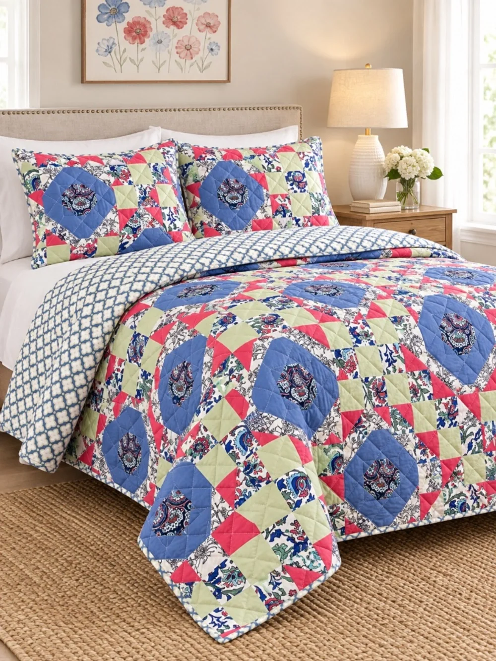 Vera Bradley Full Queen Quilt Set 3PC Reversible Floral Patchwork Blue Green NWT
